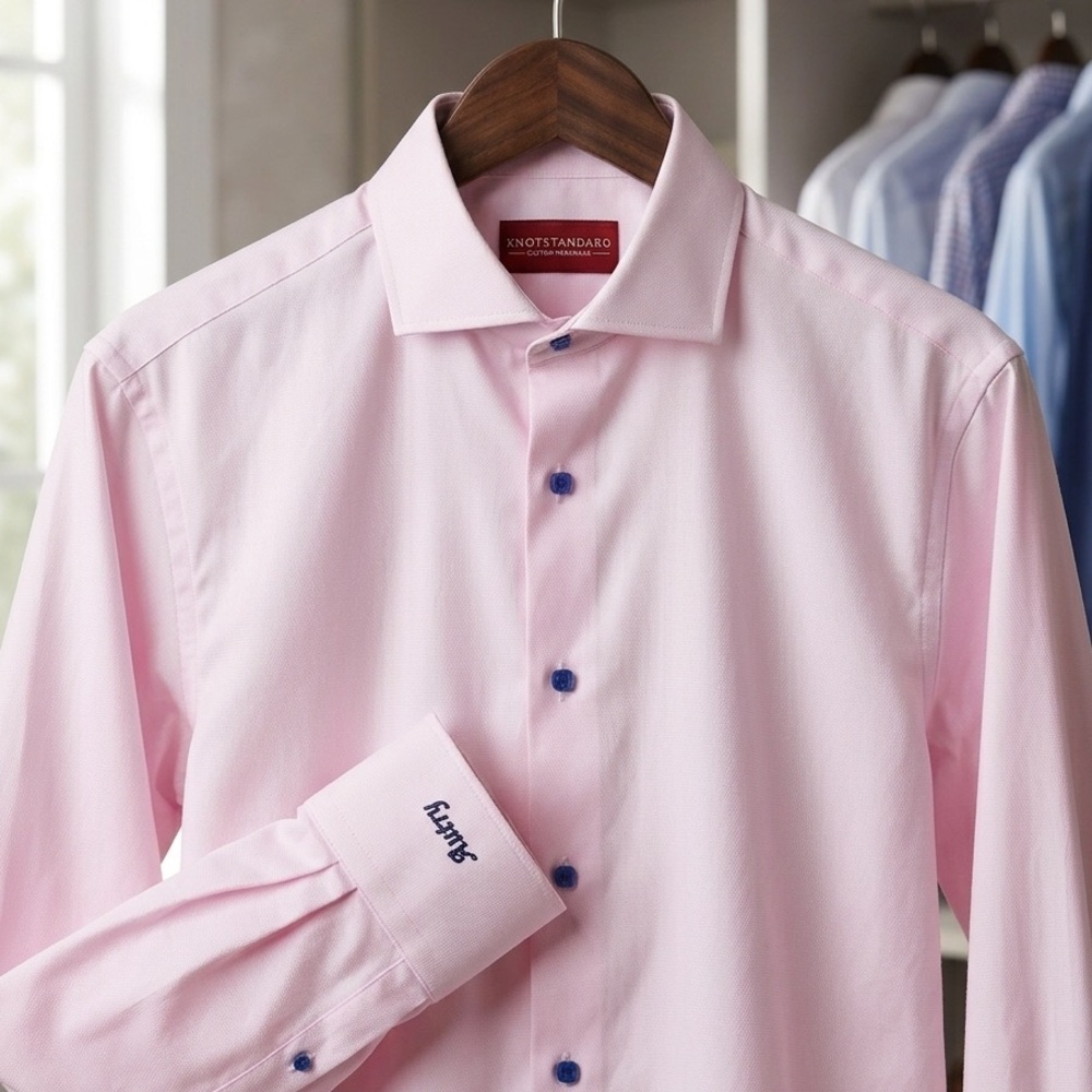 NWOT Knot Standard Custom Luxury Dress Shirt | Pale Pink | Blue Buttons | $225
